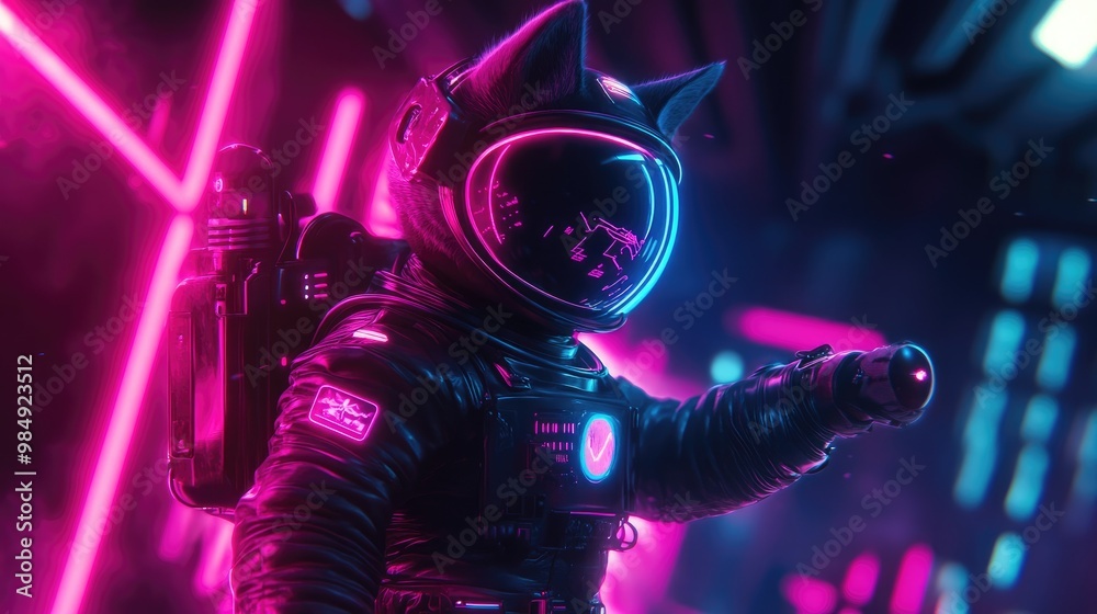 Wall mural a futuristic cat astronaut in a neon-lit space station.