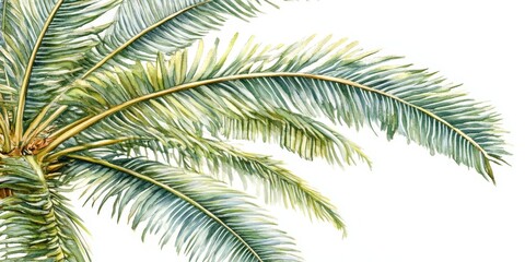 Fototapeta premium Lush green palm leaves stretch gracefully with intricate textures, set against a bright white backdrop that highlights their beauty