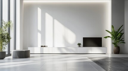 Modern Living Room Interior with Stylish Cabinet and White Wall Background