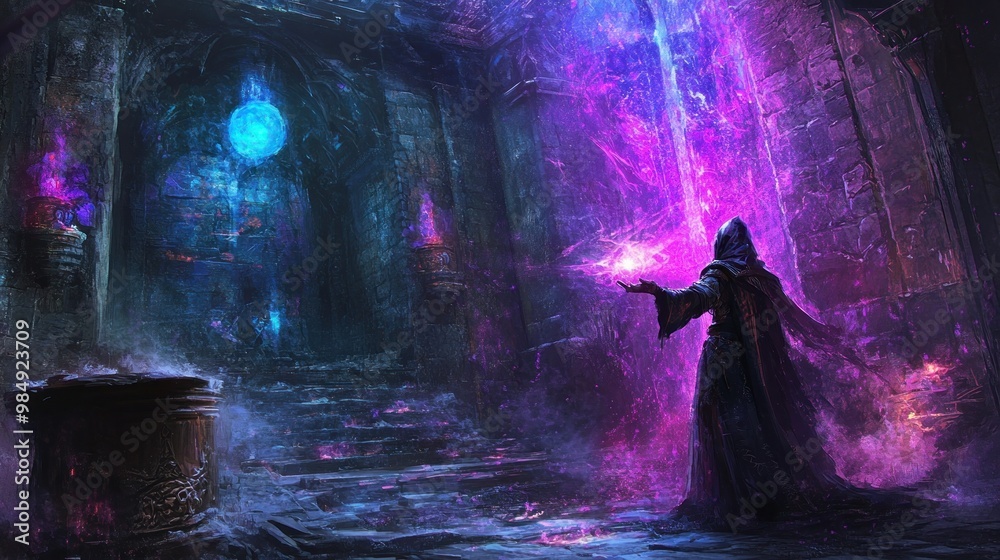 Poster A hooded figure casts a spell in a dark, magical cavern