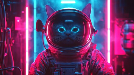 A cat wearing an astronaut helmet stares intensely into the camera with pink and blue neon lights in the background.