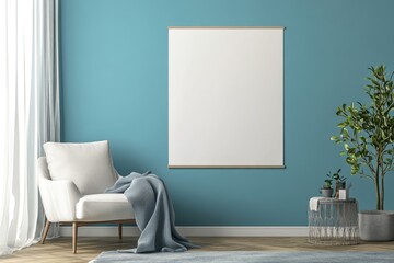 Minimalist Living Room Decor with Blank Poster Mockup on Blue Wall