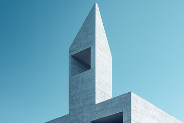 modern church steeple against clear blue sky, architectural details highlighted