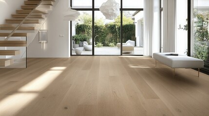 This inviting foyer showcases white oak flooring and abundant natural light, complemented by a bench and wall art. The design contributes to a tranquil farmhouse atmosphere.