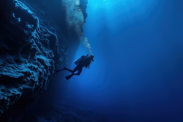 A man in a black wet suit is diving into the ocean, generative ai image