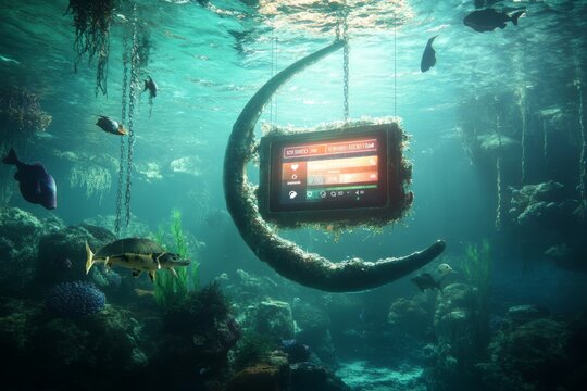 An underwater scene featuring a retro television surrounded by colorful fish. This artwork conveys a blend of nostalgia and marine beauty. Generative AI
