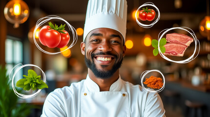 An African American chef beams with joy while looking upwards in a vibrant restaurant kitchen. Fresh tomatoes, herbs, and spices float around, highlighting culinary creativity