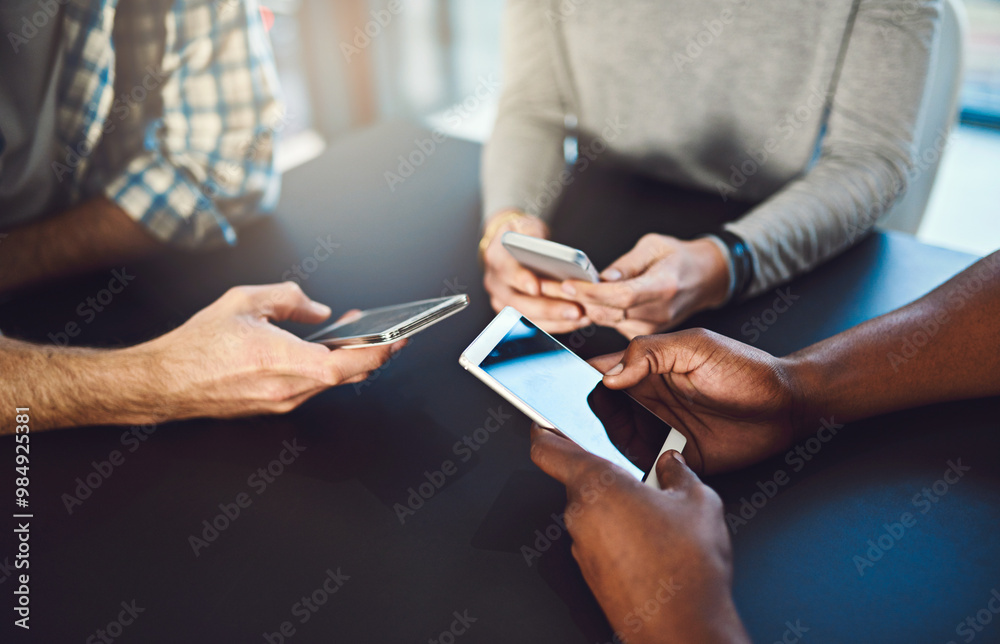 Poster phone, hands and people networking in circle for information, notification and online communication.
