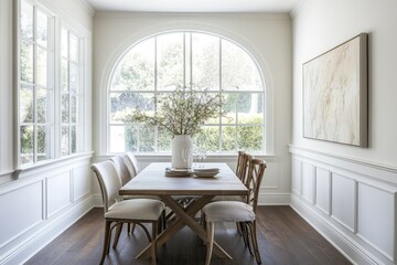 Fototapeta premium Elegant Dining Room Interior with Arched Windows and Modern Furniture