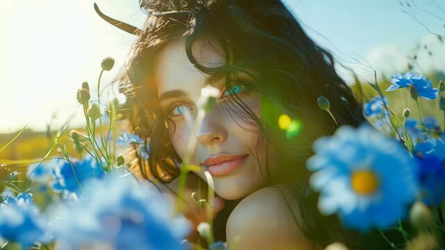 Devil in the form of a beautiful girl with long black hair and small black horns, looks attentively into the frame on a blue flowers field and smile, close-up