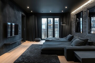 Luxury Interior Decor: Contemporary Black and White Living Room and Bedroom with Chic Sofa