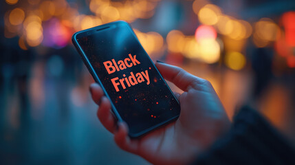 Black Friday inscription on smartphone screen held in hand on dark blurred background, sale, discounts, online shopping, holiday, lights, internet, store, shop, purchase, buy, buyer, copy space