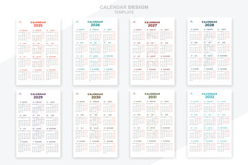 Calendar 2025, 2026, 2027,2028,2029, 2030, 2031, 2032 set collection modern design template
