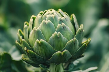 Fototapeta premium Botanical Bounty: A Macro Close-Up of a Fresh Green Artichoke at Market
