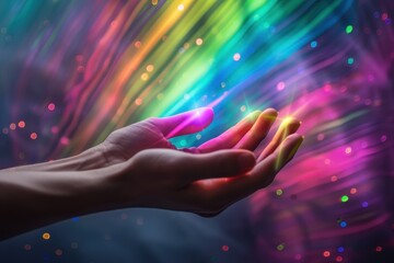 A hand holding a rainbow with a lot of sparkles