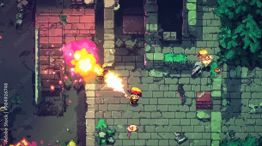 Canvas Prints Pixelated Game Scene with Character Firing Weapon at Exploding Enemy