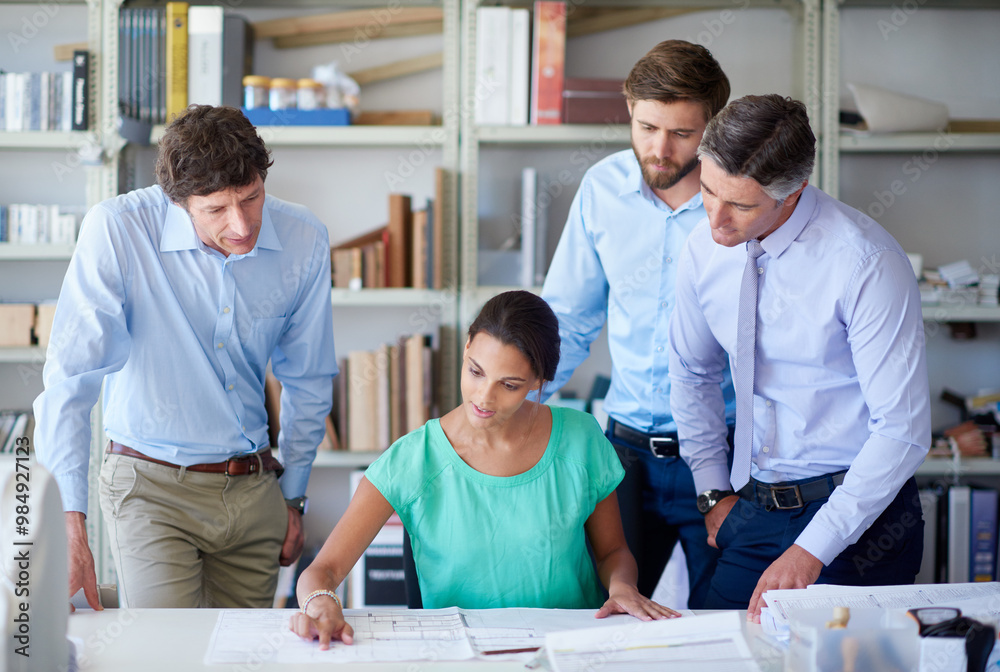 Poster Business men, blueprint and staff collaboration in office with architect and desk with teamwork. Planning, floor plan and design discussion with paperwork and document with manager and architecture
