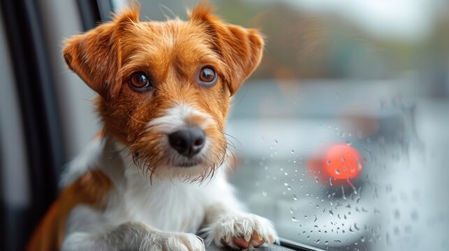 A Curious Dog is Looking Out of a Car Window While Its Raining Outside in the Rainy Weather