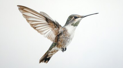 Fototapeta premium A Brown and Green Hummingbird in Flight Against a White Background