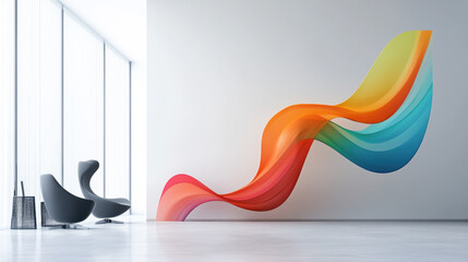 A colorful wave is painted on the wall, and there are two chairs in the room