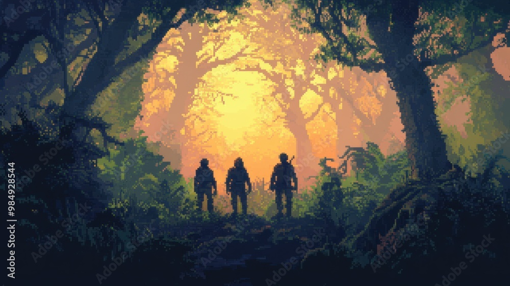 Canvas Prints Three Silhouettes Standing in a Golden Forest Clearing