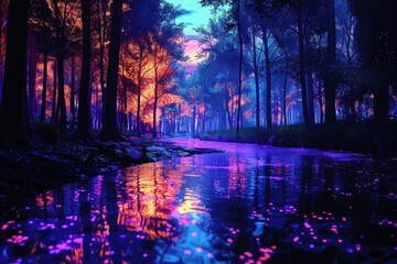 A forest with a river running through it