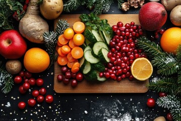 Christmas healthy eating concept with fresh organic fruits and vegetables on black background © Gatherina