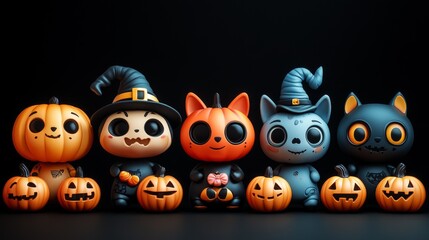 Obraz premium Cute Halloween Witch and Pumpkins - Festive Fall Decorations with Skulls and Leaves