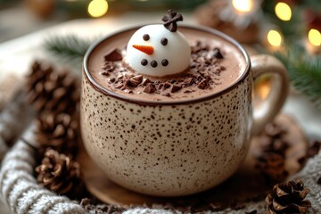 Snowman marshmallow relaxing in a cup of hot chocolate with whipped cream
