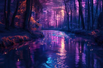 A river with purple water and a forest in the background