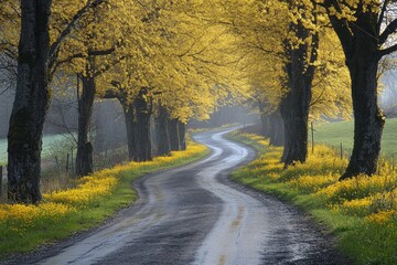 Fototapeta premium Winding dirt road leading through yellow flower field in bloom