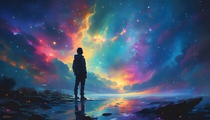 Silhouette in Awe of a Vibrant Cosmic Landscape Awash with Colorful Nebulae and Stars, Invoking Wonder and Contemplation