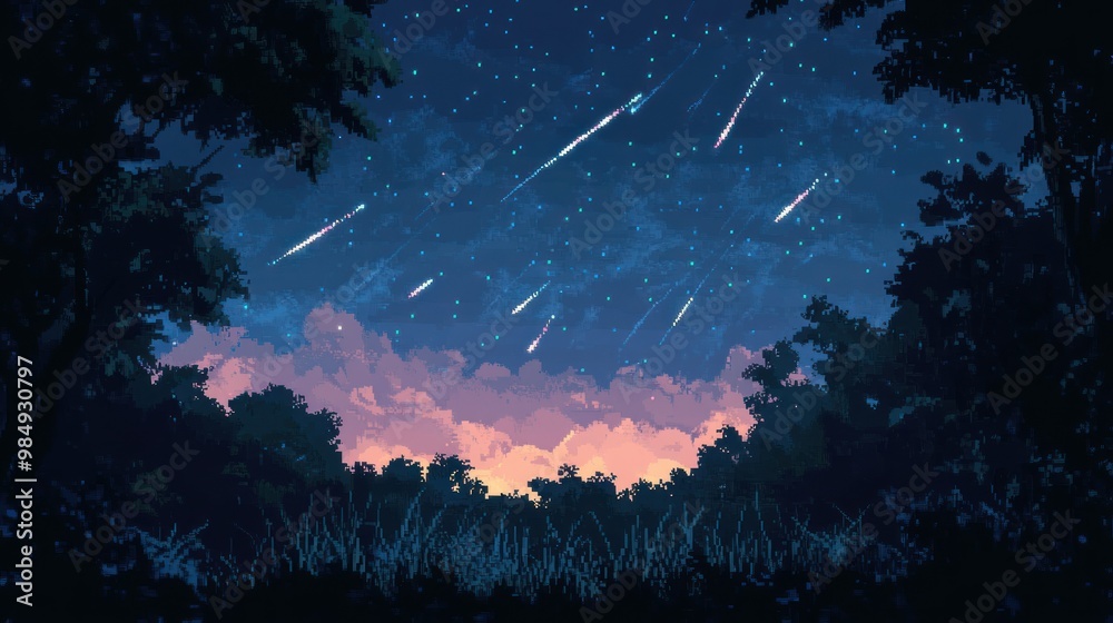 Sticker Pixelated Night Sky with Shooting Stars and Forest Silhouette