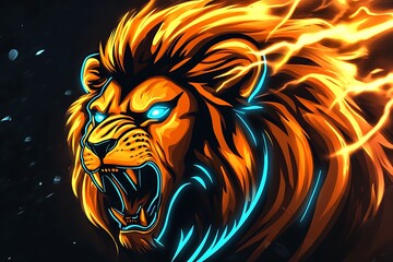 Fiery Lion with Neon Blue Eyes Roaring ,  Graphic Design