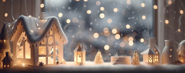 Christmas window decoration with glowing gingerbread house lanterns and snow outdoors