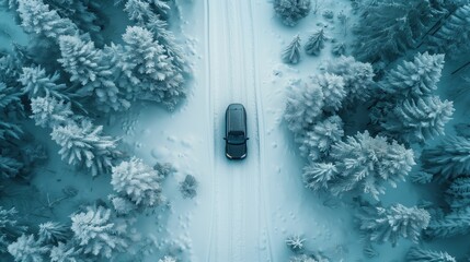 A stunning aerial view of a car navigating a snowy road that is surrounded by towering pine trees