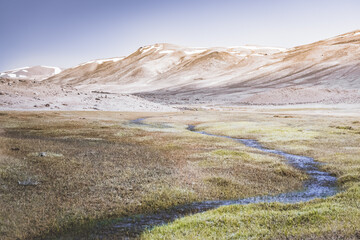 A mountain river of clear blue water flows over stones in a mountain gorge in the Tien Shan mountains in Tajikistan in the Pamirs, a stream flows among moss high in the mountains