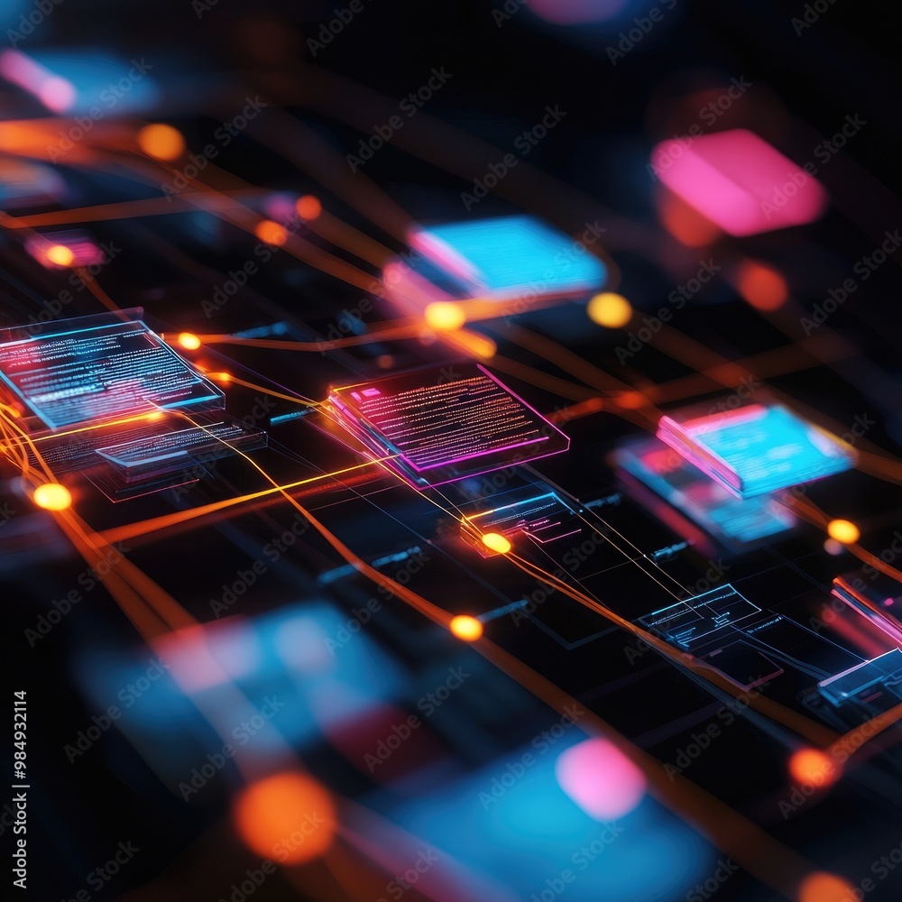 Wall mural abstract network of glowing lines and squares with data on a black background.