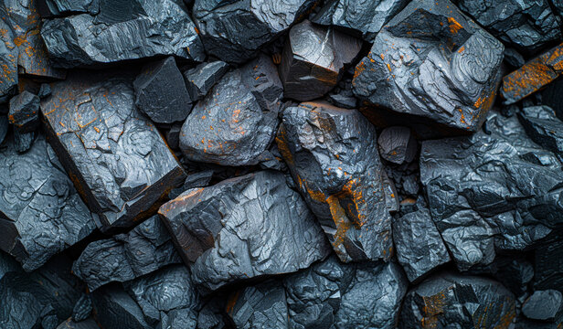 A pile of rocks with a dark grey color. The rocks are rough and jagged. Concept of ruggedness and toughness
