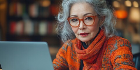 Vibrant senior woman with silver hair using a laptop in a library setting, showcasing lifelong learning and tech adaptability. AI generation