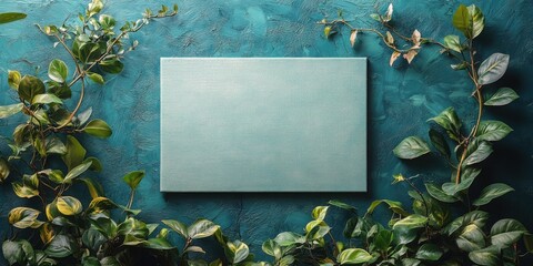 Blank canvas among lush foliage on textured turquoise background, perfect for art and nature themes. Copy space in botanical decor. AI generation