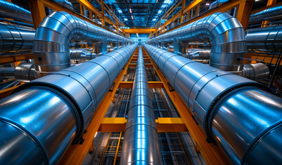 A long pipe with many pipes coming out of it. The pipes are silver and orange. The pipes are connected to a large building