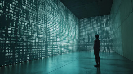Fototapeta premium Binary numbers matrix on walls in cyberspace