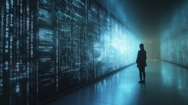 Binary numbers matrix on walls in cyberspace