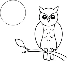 Owl in the Moonlight Vector Art for Kids Night Scene Coloring
