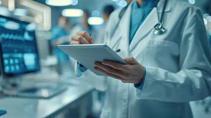 A Healthcare Professional Utilizing a Tablet in a Modern and Advanced Medical Environment Setting