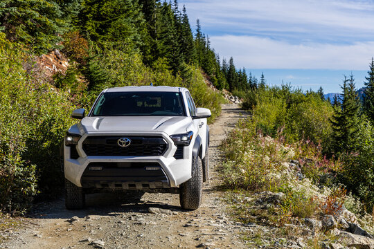 2024 Toyota Tacoma TRD Pickup Truck Navigating Scenic Off-Road Trail in Mountainous Terrain