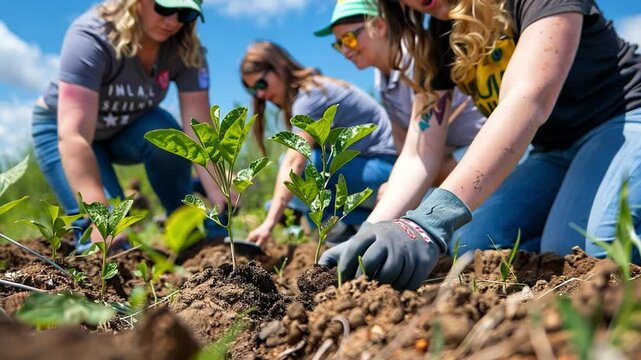A group of enthusiastic volunteers is engaged in planting seedlings in rich, dark soil while enjoying the sunshine and actively contributing to a community gardening project.