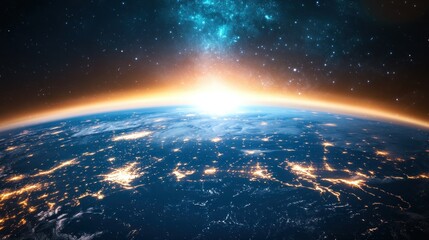 Fototapeta premium Earth from Space with City Lights and Milky Way Galaxy