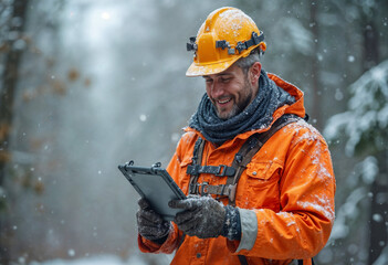 Handsome arborist utility technician builder construction landscape contractor worker on the job site  in winter. Using a tablet, wearing safety gear, helmet, technology making outdoor work easier